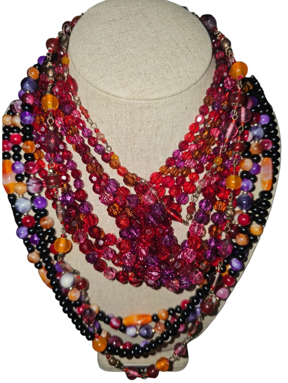 3 Multi-Strand Pink Red Beaded Statement Necklaces